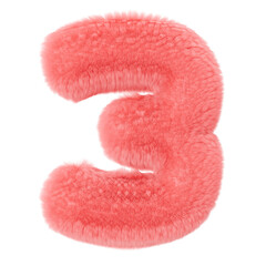 Pink and fluffy 3D number three on transparent background as png. Furry, soft and hairy symbol 3. Trendy, cute design element. Cut out object. 3D rendering.