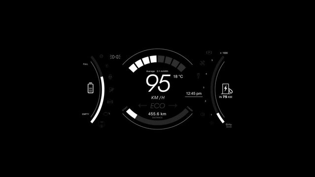 Electric Car Display Infographics. Futuristic car HUD showing speed, battery charge, data.