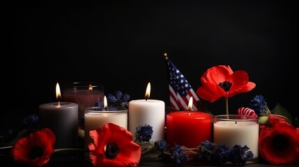 Memorial Day - illustration with usa flag and candle, Generative ai