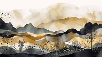 Mountain background. Minimal landscape art with watercolor brush. Abstract art wallpaper.