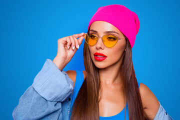 Whats on her mind Close up portrait of young brunette model looking away, wearing casual outfit...