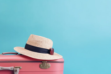 Trendy tourist banner template with copy space for text. Travel pink suitcase, straw hat on a pastel blue background. Summer tourism composition. Generative AI