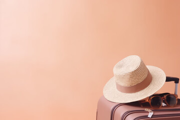 Trendy tourist banner template with copy space for text. Travel suitcase, straw hat, sunglasses on a pastel peach background. Summer tourism composition. Generative AI