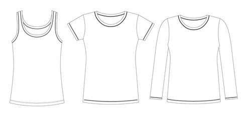 Naklejka premium Template women underwear, shirts, set vector illustration, flat sketch design outline