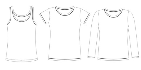 Template women underwear, shirts, set vector illustration, flat sketch design outline