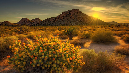 sunset over desert mountains. Created using generative AI.