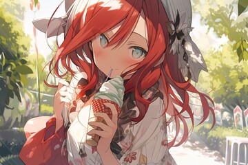 Cute redhead anime girl eating an ice cream in a park. Generated ai. - obrazy, fototapety, plakaty