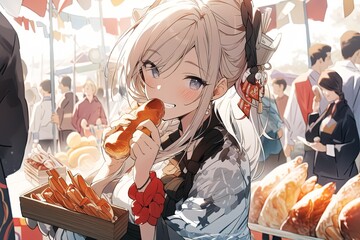 Cute blond anime girl in a traditional japan clothes eating street food at festival. Generated ai. - obrazy, fototapety, plakaty