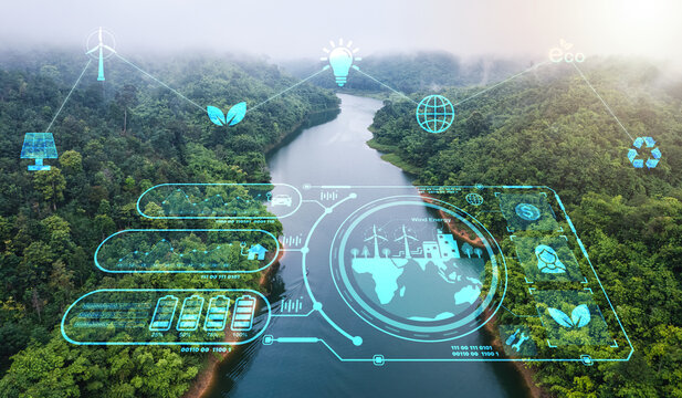 Ecosystem power connection digital interface on aboudence tropical rainforest and river in rural scene