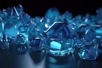 Glass Shapes with Vibrant Blue hues create a Reflective Tech Banner. Modern 3D Render with copy - space. , Generative AI
