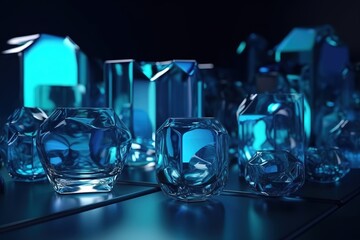Glass Shapes with Vibrant Blue hues create a Reflective Tech Banner. Modern 3D Render with copy - space. , Generative AI