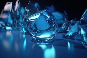 Glass Shapes with Vibrant Blue hues create a Reflective Tech Banner. Modern 3D Render with copy - space. , Generative AI