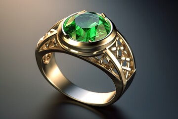 Golden ring with a fake green gemstone, Generative AI