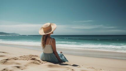 Fototapeta na wymiar A Beautiful Woman in a Sunhat and white dress, Escape to Serenity: A Beautiful Woman's Tropical Getaway on the Sun-Kissed Beach, generative ai