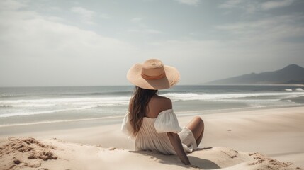 Fototapeta na wymiar A Beautiful Woman in a Sunhat and white dress, Relaxing by the Ocean, Beachside Bliss: A Stunning Calm Sea, generative ai