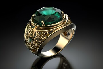 Golden ring with a fake green gemstone, Generative AI