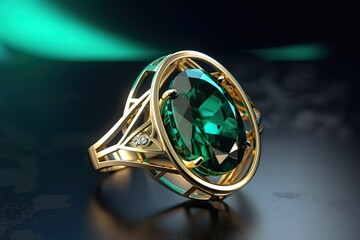 Golden ring with a fake green gemstone, Generative AI