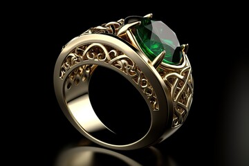 Golden ring with a fake green gemstone, Generative AI