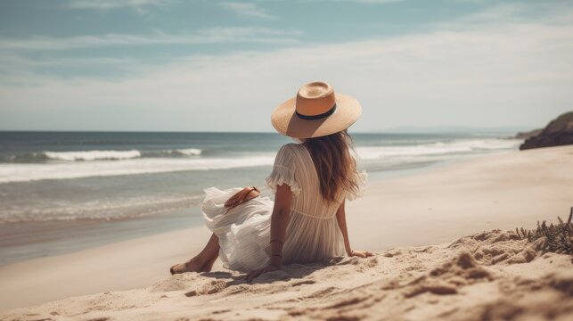 A Beautiful Woman in a Sunhat and white dress, Seaside Serenity: A Beautiful Woman's Escape to the Tranquil Tropical Coast Calm Sea, generative ai