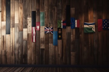 Close - up Of Flags Against Wooden Wall, Generative AI