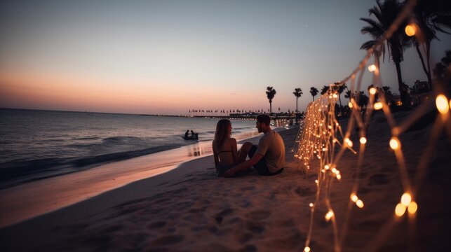 A young couple at beach candles lantern, sunset  golden hour reflection on ocean, palm trees leaf, afternoon night light, romantic date, generative ai 