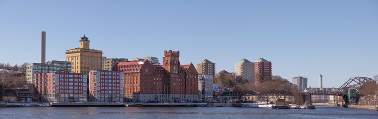 Apartment and hotels at the pier Saltsjö Kvarn, a sunny spring day in Stockholm