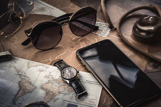 Close - up of smartphone, watch, sunglasses, money, coffee on the map, Generative AI