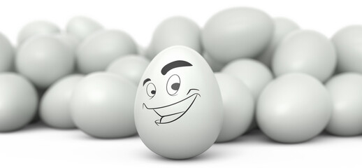 Farm white painted egg with expressions and funny face and crowd of eggs