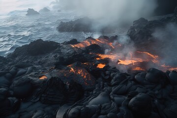 High Angle View Of Lava On Rocky Shore With Smoke, Generative AI