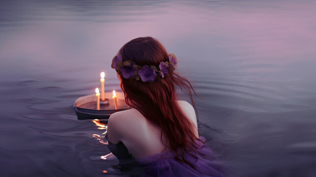 woman in the water with candles and purple flower crown. Generative AI image.