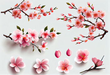 Set of beautiful sakura tree branches with pink flowers on white background. Generative ai