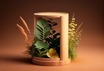 Modern minimal cylindrical wooden podium with beautiful plants and place for product display. Empty showcase layout. AI generative image. Generative AI