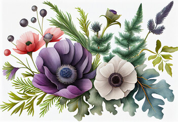 Floral watercolor arrangement with anemone and conifer branches over white background. Generative ai