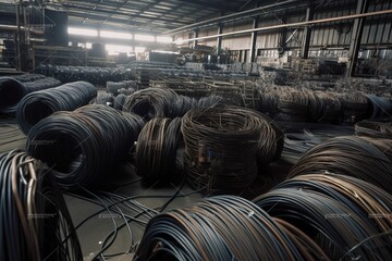 High Angle View Of Metallic Rolled Up Wires At Steel Plant, Generative AI