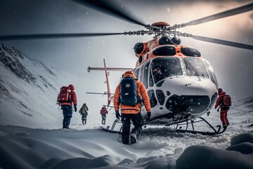 Rescue helicopter rescues climbers on snow trapped and cold mountains, Generative Ai