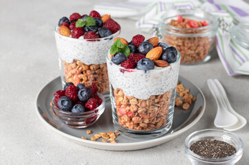 Chia seeds pudding with muesli, fresh berries and almonds in two glasses on gray plate on light background. Healthy breakfast concept