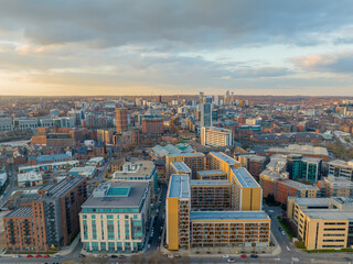 Leeds, West Yorkshire, England, April 3rd 2023. Leeds city centre, looking north over the ring road from the M621 motorway aerial view of hotels and residential areas towards city centre at sunset