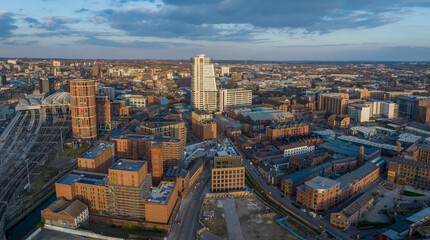 Fototapeta premium Leeds City Centre and Bridgewater Place. Yorkshire Northern England United Kingdom. Aerial view of Leeds Skyline. 