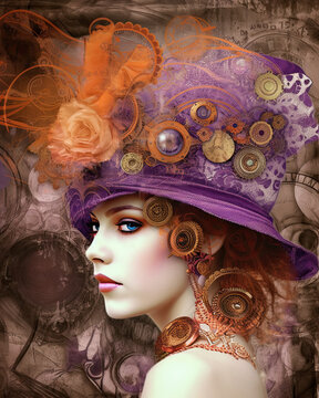 portrait of a woman in purple and orange colours wearing a hat, steampunk. Generative AI image.