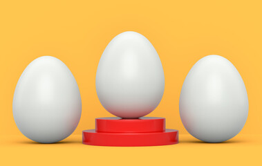 Farm white egg on podium and crowd of eggs standing in line on yellow background
