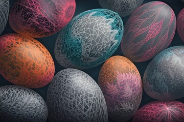 Colorful Easter eggs on grey fabric, Generative AI