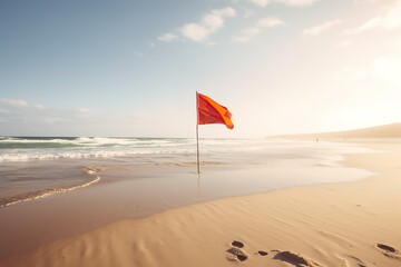 Lone surf lifesaving flag on empty beach, Generative AI