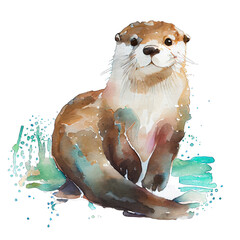 Otter illustration watercolor with transparent background. Generative AI