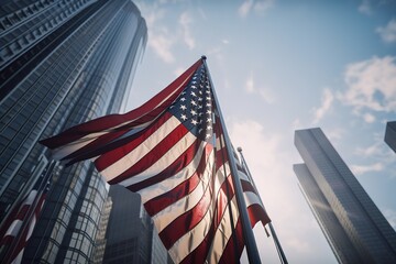 Low Angle View Of American Flag Against Modern Skyscrapers, Generative AI
