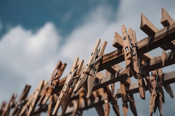 Wood clothespins on a wire, Generative AI