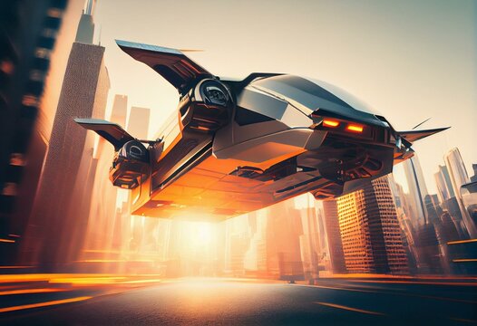 futuristic flying urban transport against background of city under rays of sun, created with generative ai