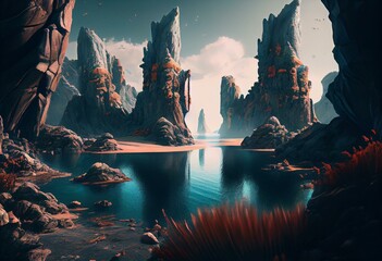 Fototapeta na wymiar futuristic landscape with cliffs and water illustration art. Generative AI