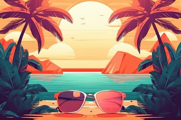Sunglasses on sandy beach sea at sunset, summer vacation abstract background. Generative AI