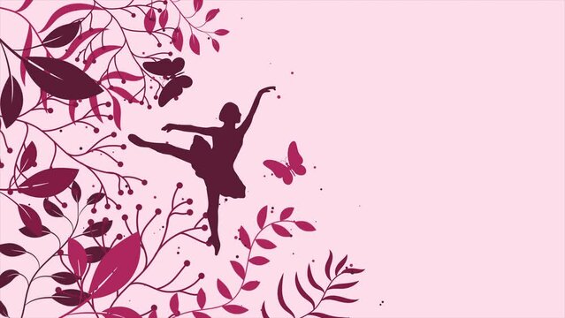 Ballerina and butterflies, Animation 4K on the light background with text space