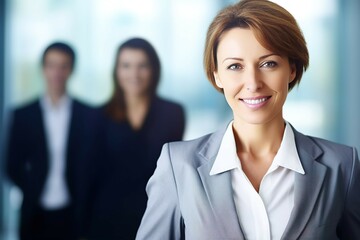A picture of a happy businesswoman smiling at the camera with blurred scenes of offices and people. AI-generated images